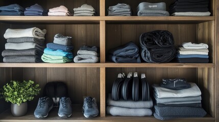 Neatly Organized Shelves with Rolled and Folded Clothing Items