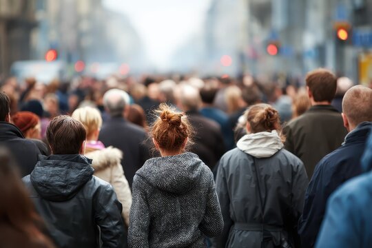 Crowd of unidentified individuals walking in a busy urban setting during foggy weather on a typical day