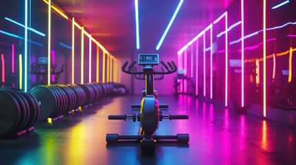 Neon Gym Interior with Exercise Equipment and Colorful Lights