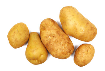  Group fresh raw whole potatoes isolated on white, clipping path