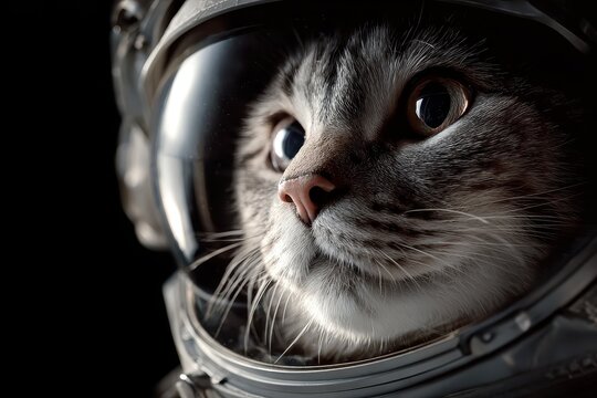 Beautiful cat experiences first trip to outer space while wearing astronaut helmet and exploring the cosmos with wonder and curiosity during an incredible journey beyond Earth