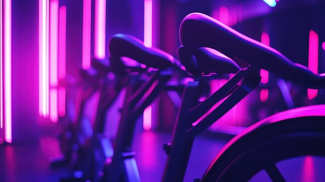 Neon Lighting and Exercise Bikes in Modern Fitness Studio Atmosphere - Powered by Adobe