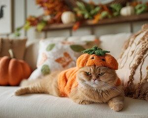 A chubby orange cat dressed in a plush pumpkin costume and a green hat-stalk lazily sprawled on a cream sofa with Halloween pillows and an autumn garland. Halloween. Autumn holiday. Carnival