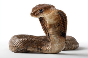 Fototapeta premium King cobra Ophiophagus hannah exhibits striking features while poised, highlighting its venomous nature in a close-up setting