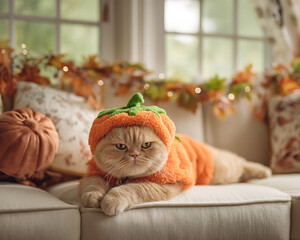 A chubby orange cat dressed in a plush pumpkin costume and a green hat-stalk lazily sprawled on a cream sofa with Halloween pillows and an autumn garland. Halloween. Autumn holiday. Carnival
