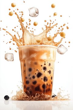 exploding bubble tea with flying tapioca pearls, milk splash and ice cubes, isolated on white background
