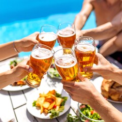 Friends toasting beers by pool (2)