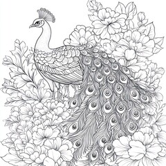 Fototapeta premium Ornamental peacock design amidst flowers, coloring book