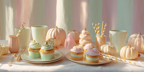 Cute Halloween table setting with pastel cupcakes, mini pumpkins and a pink ghost in the center on a white tablecloth with a soft mint and peach background, Halloween. Autumn Festival