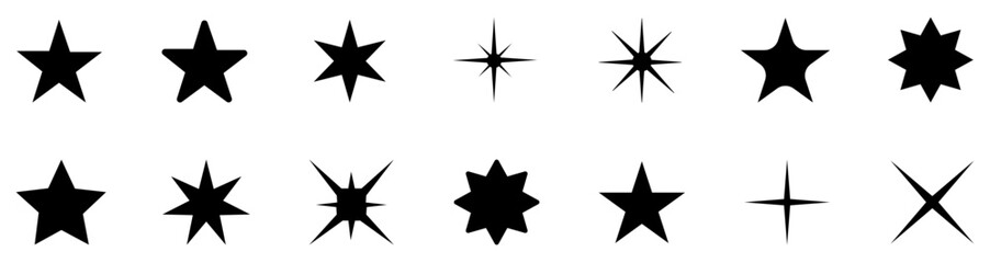 Star icons collection on white background. Star vector icons set. White stars different shapes in black color. Simple vector stars for signage. Stylish decorative star collection