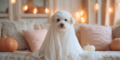 A small white dog in a handmade ghost costume made of a sheet sits in the middle of a cozy living room with pastel-colored pumpkins and garlands in the background. Halloween. Autumn Festival