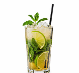 Classic Mojito Cocktail with Mint and Lime in Highball Glass on White Background