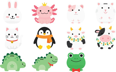 Cute animal coin banks collection vector illustration for kids savings concept vector