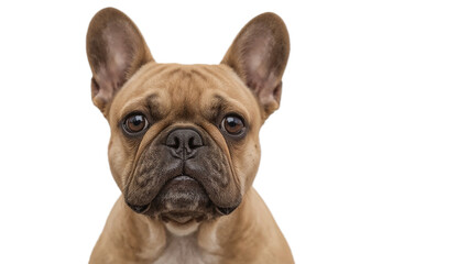 photography of an adorable French Bulldog with large expressive brown eyes and a smushy face, isolated on a transparent PNG background