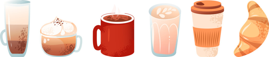 Colorful vector set of cappuccino, latte, espresso and takeaway cups