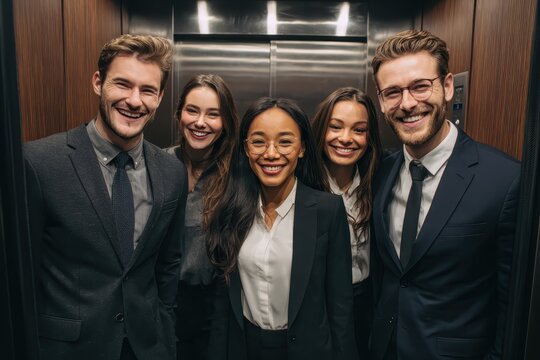Smiling professionals in suits pose together in modern elevator during business event in urban location - Powered by Adobe