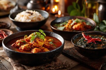 Fototapeta premium Rich assortment of Indian curries served in rustic bowls with fragrant rice and spices, highlighting traditional cuisine for a festive dining experience