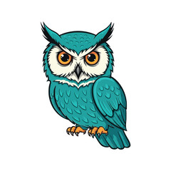 Adorable Teal Colored Owl With Big Orange Eyes Sitting On A Branch In A Detailed Vector Illustration