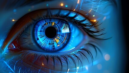 Close up of a futuristic blue eye with glowing digital elements