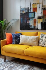 Fototapeta premium Warm cozy living room with yellow sofa and abstract painting
