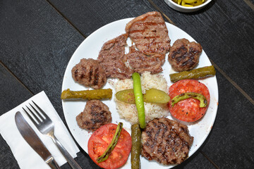 meatballs and steak with rice