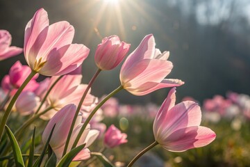 Fototapeta premium Soft Pink Tulips Basking in Golden Sunlight During Springtime Bloom
