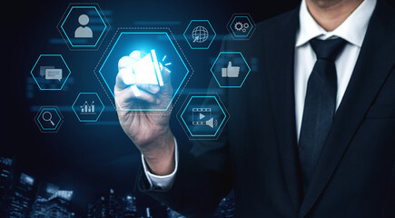 Digital marketing promotion strategy using megaphone, social media marketing, digital ads video...