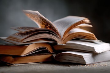 Beauty of open pages and stacked books create an inviting atmosphere for readers in a cozy setting