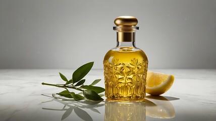 Bottle of olive oil with rosemary herbs on white background