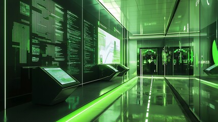 Futuristic Green Data Center Interior with Code Display and Modern Technology