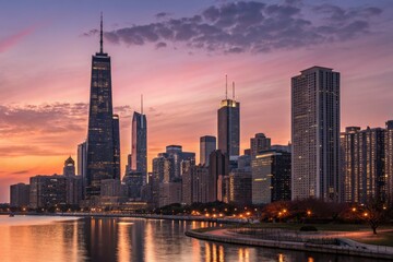 Fototapeta premium City Skyline Illuminated at Sunset With High-Rise Buildings and Reflections