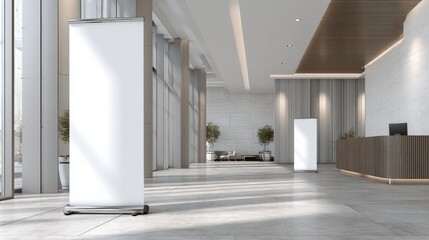 Roller Banner Stand Positioned in Modern Office Lobby With Soft Lighting and Elegant Design