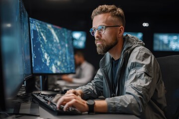 Analyst manages satellite radar systems in a modern control room focused on data analysis and observation of geographical phenomena