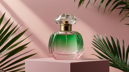 Perfume bottle on white and green backgrounds luxury fragrance cosmetic spray isolated object