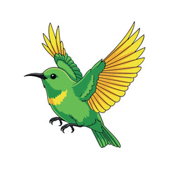 Beautiful Green Bird with Yellow Wings Flying Gracefully Vector Sticker Design