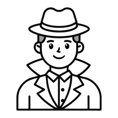 Detective Character Icon in Trench Coat and Hat Line Art