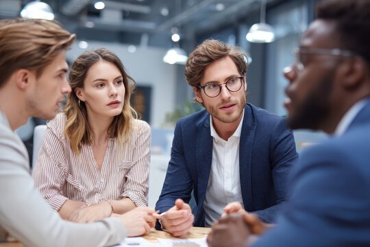Young business professionals engage in productive team meeting at modern office setting during daytime work hours - Powered by Adobe