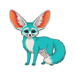Adorable Cyan Fennec Fox Vector Sticker with Oversized Ears and Bushy Tail