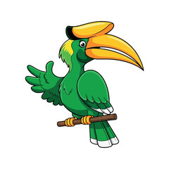 Whimsical Green Hornbill Bird Sitting on a Branch with a Yellow Casque and Welcoming Gesture Vector Sticker