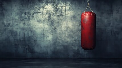 Red punching bag hanging in a rustic gym environment with texture