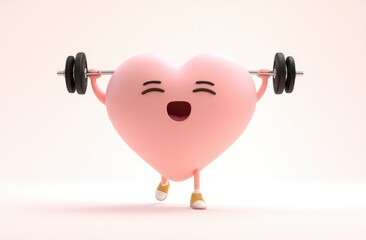 A pink heart-shaped cartoon character, happy and lifting barbells, stands on a light pink background