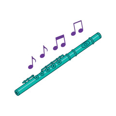Teal Flute With Purple Musical Notes Floating Around It Musical Instrument Vector Sticker Art