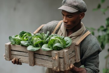 Carrying a wooden crate filled with fresh lettuce, an African American farmer displays care and dedication in agriculture