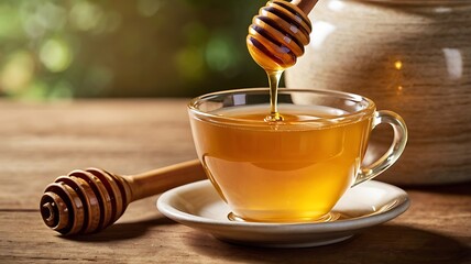 Honey jar with honeycomb and wooden honey dipper on white background