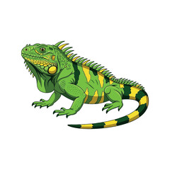 Vibrant Green Iguana Reptile with Yellow Stripes and Spiky Crest Vector Sticker Design
