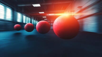 Naklejka premium Red Spheres in Motion with Blurred Background and Dynamic Lighting