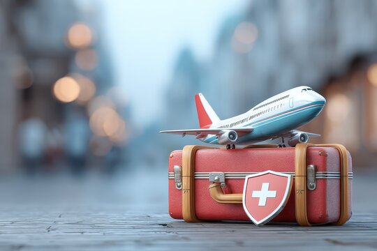 Travel insurance concept featuring airplane model resting on vintage suitcase symbolizing protection for travelers during their journeys