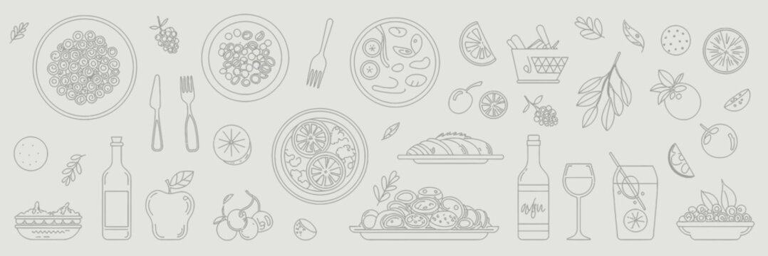 Naklejki Assorted Food And Drink Illustrations line art fruit