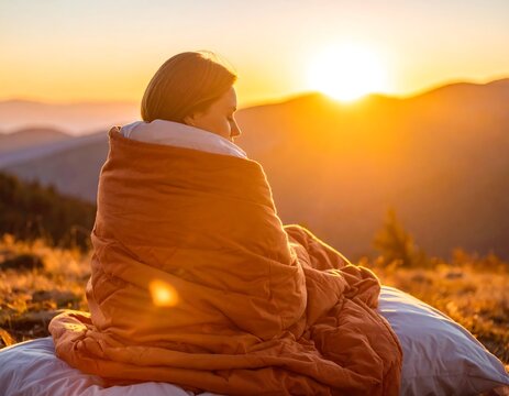 Woman wrapped in blanket at sunrise