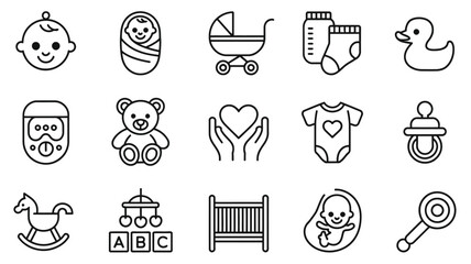 Fototapeta premium Baby items icons including baby face teddy bear and crib infant child